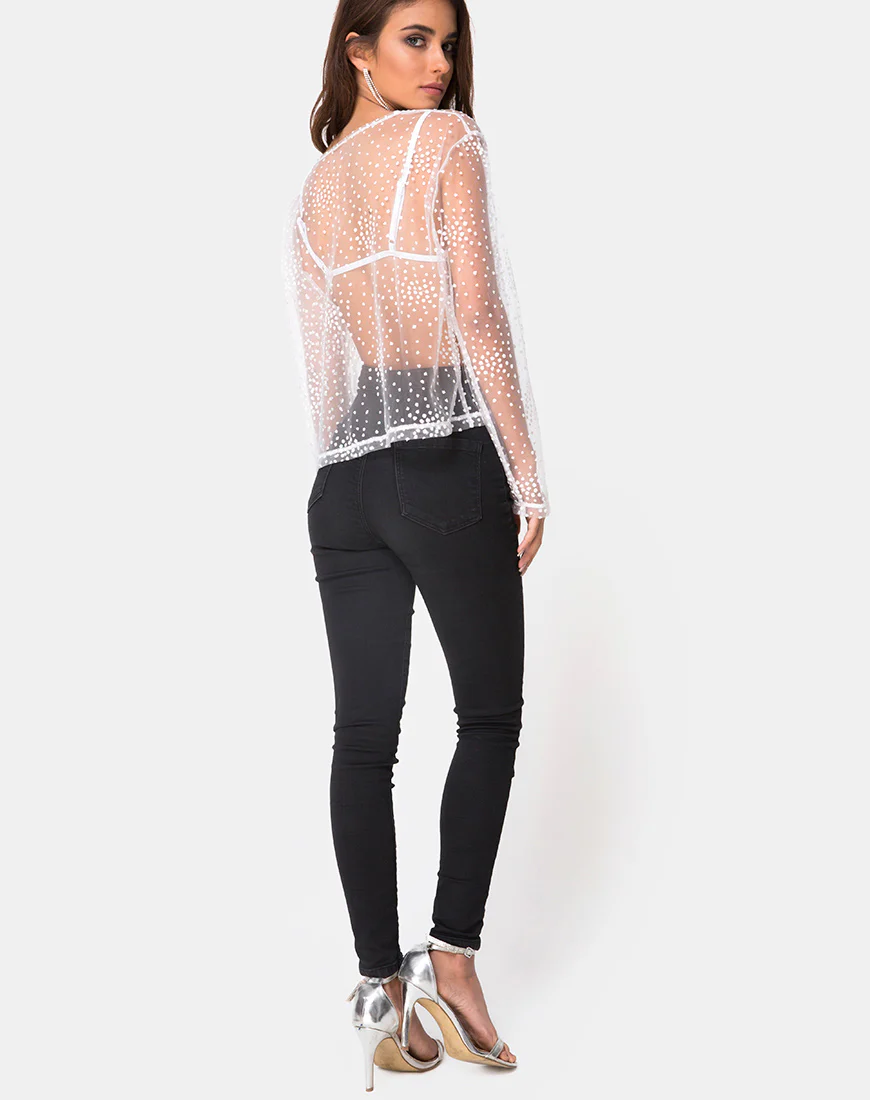 Ether Longsleeve Top in White Glitter on Net White - Image 4