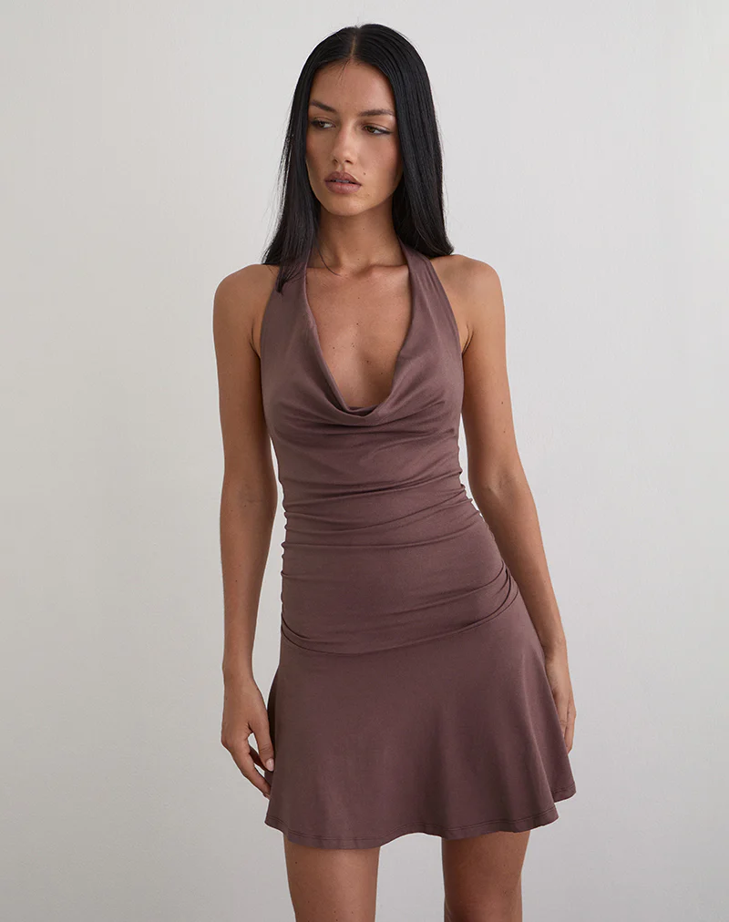 Eutalia Cowl Neck Halter Dress in Deep Taupe - Image 2