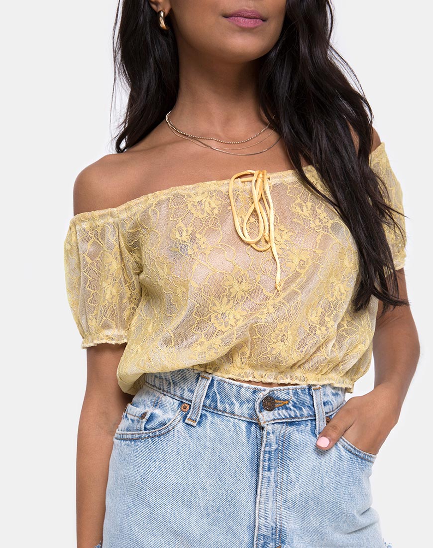 Eva Crop Top in Pastel Lace Lemon - Image 5