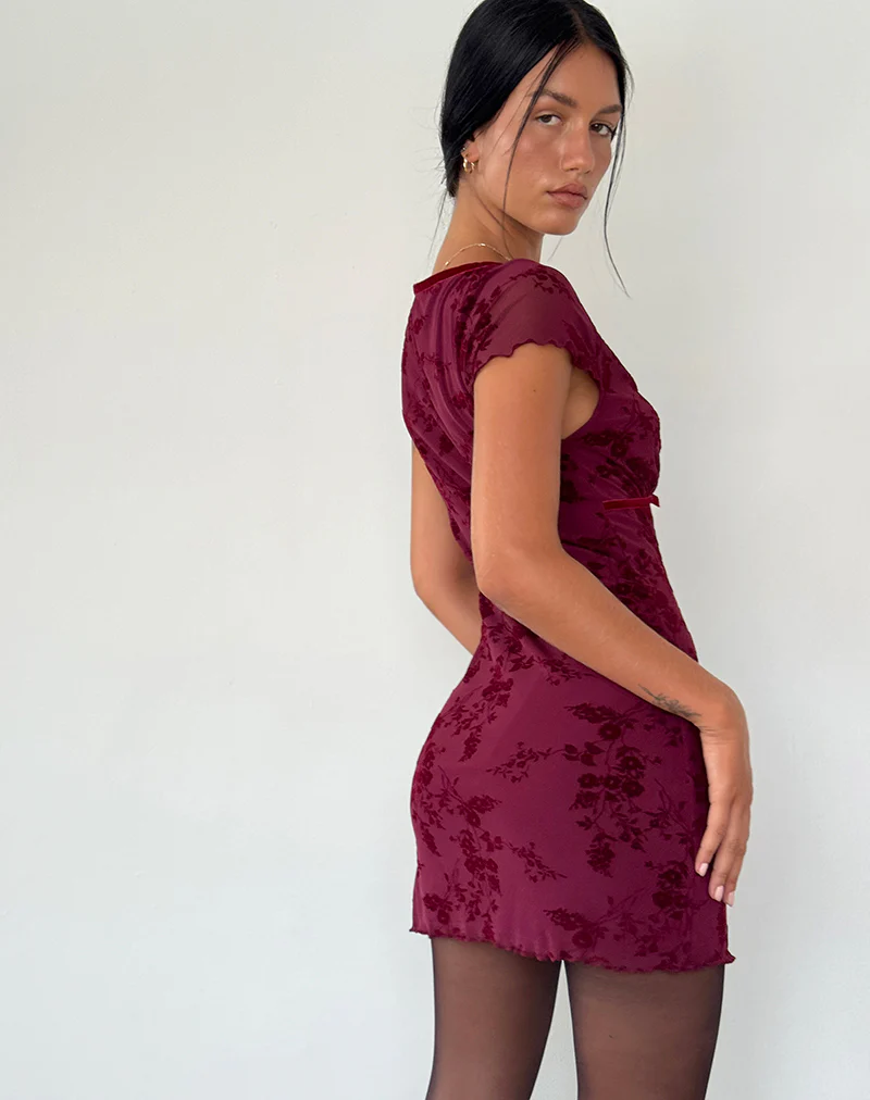 Evilia Dress in Botanical Flower Maroon - Image 4