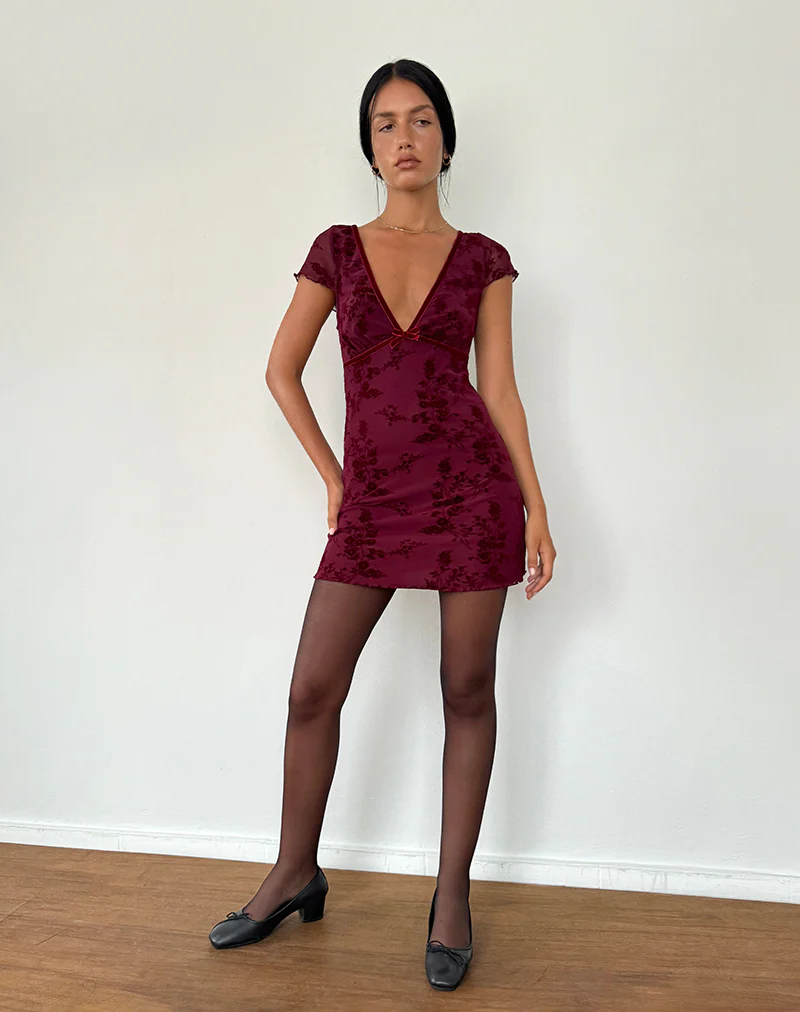Evilia Dress in Botanical Flower Maroon - Image 5