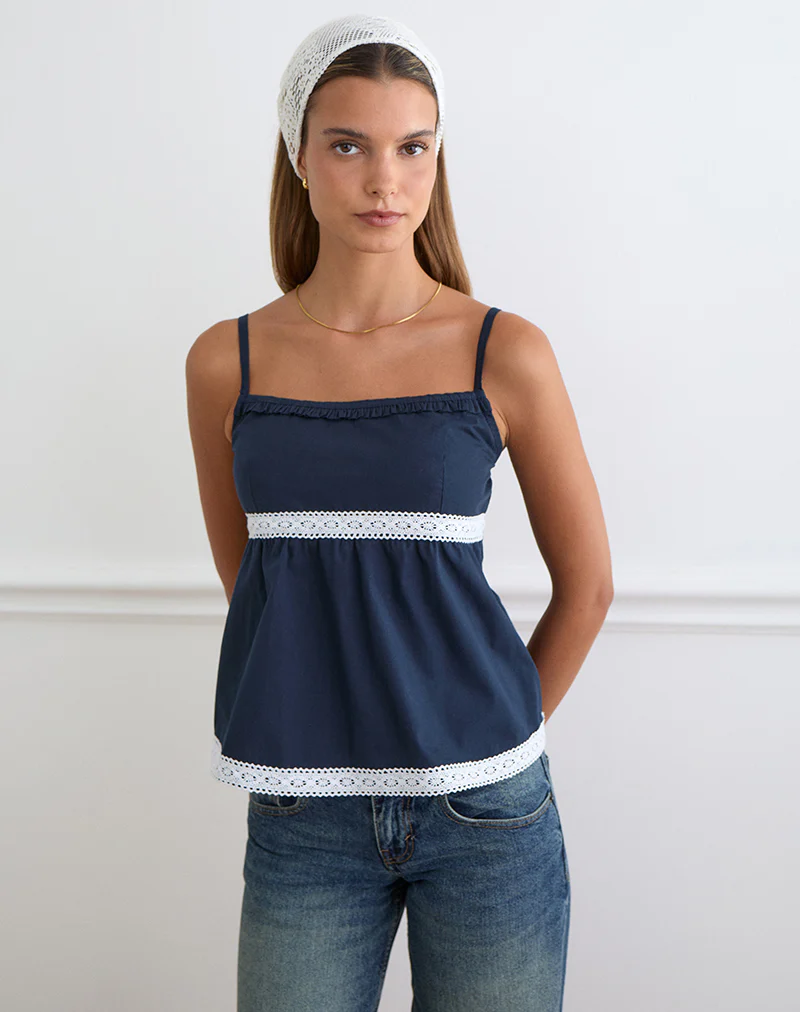 Evren Cami Top in Dark Navy with Lace Trim - Image 4