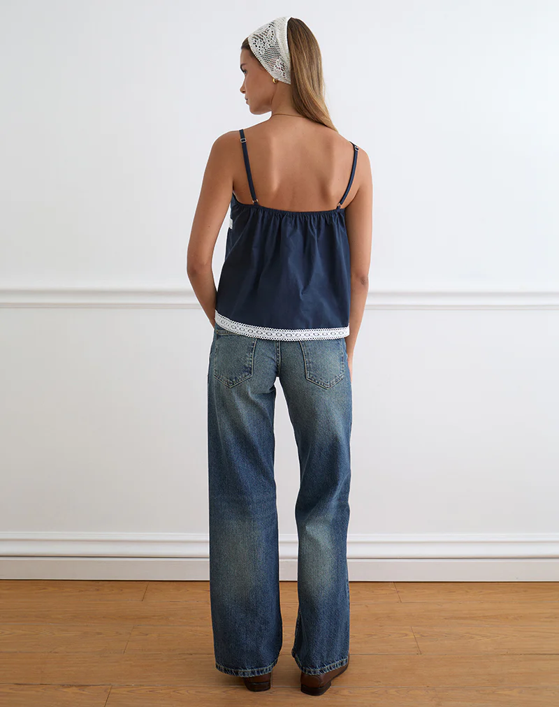 Evren Cami Top in Dark Navy with Lace Trim - Image 5