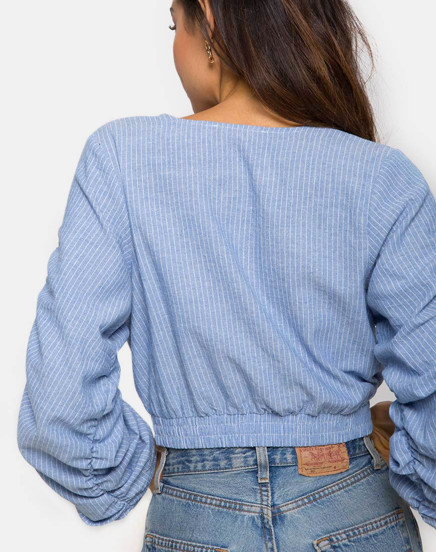 Evrilia Wrap Around Blouse in Stripe Blue - Image 2