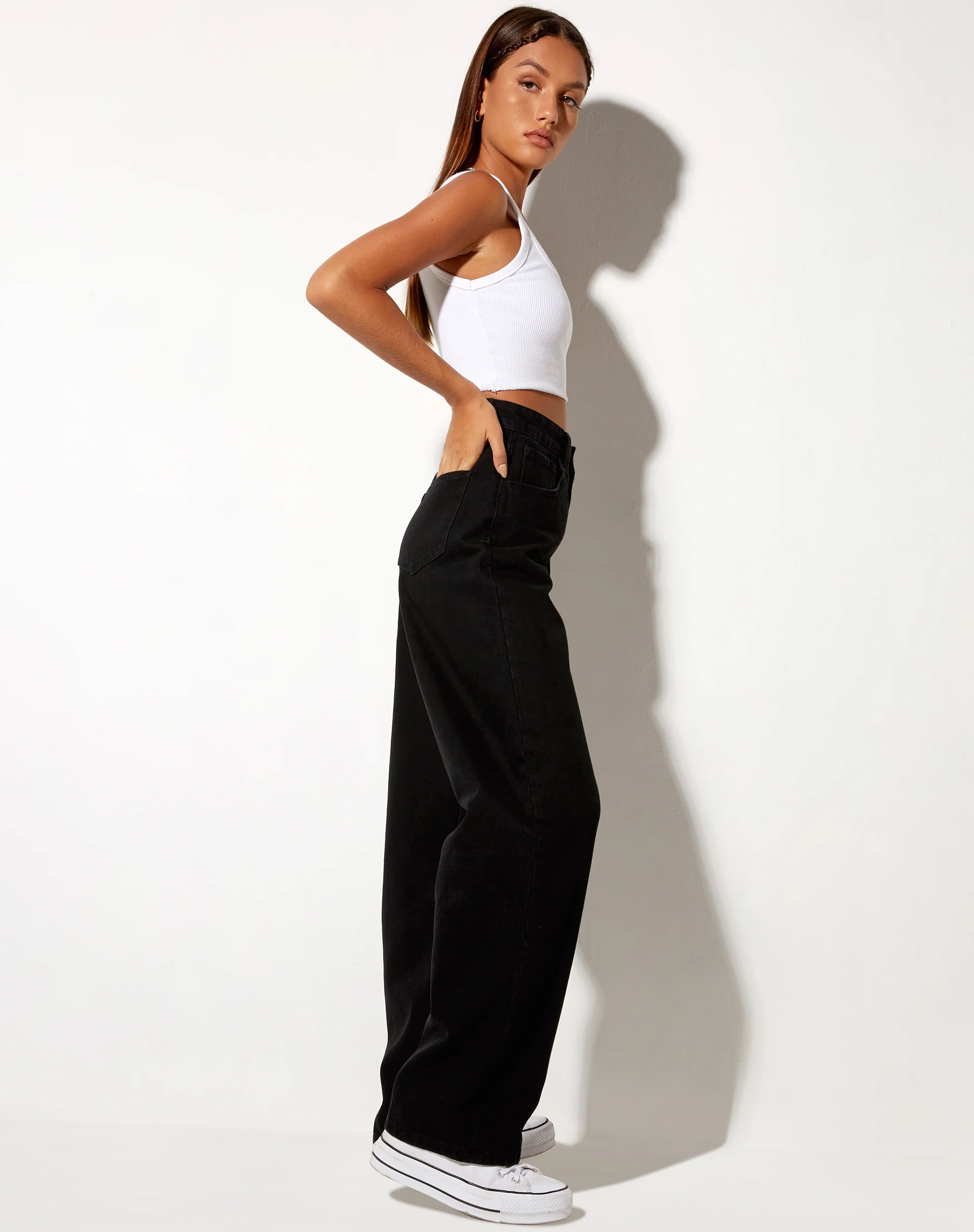 Exposed Button Parallel Jeans in Black Wash - Image 4