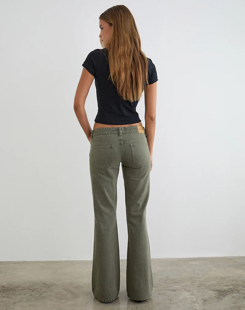 Extra Low Rise Flare Jeans in Olive - Image 4