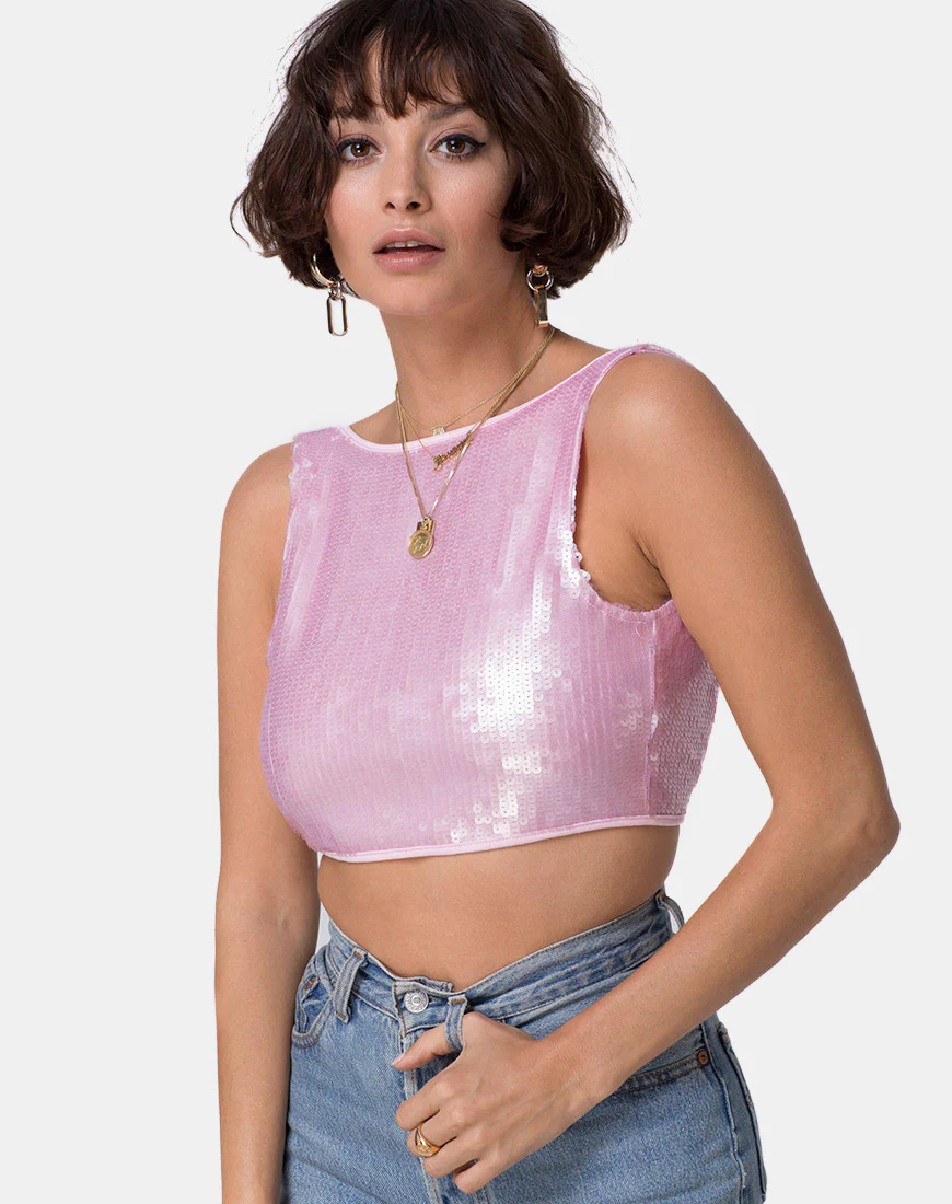 Faith Crop Top in Pink Tint Sequin - Image 2