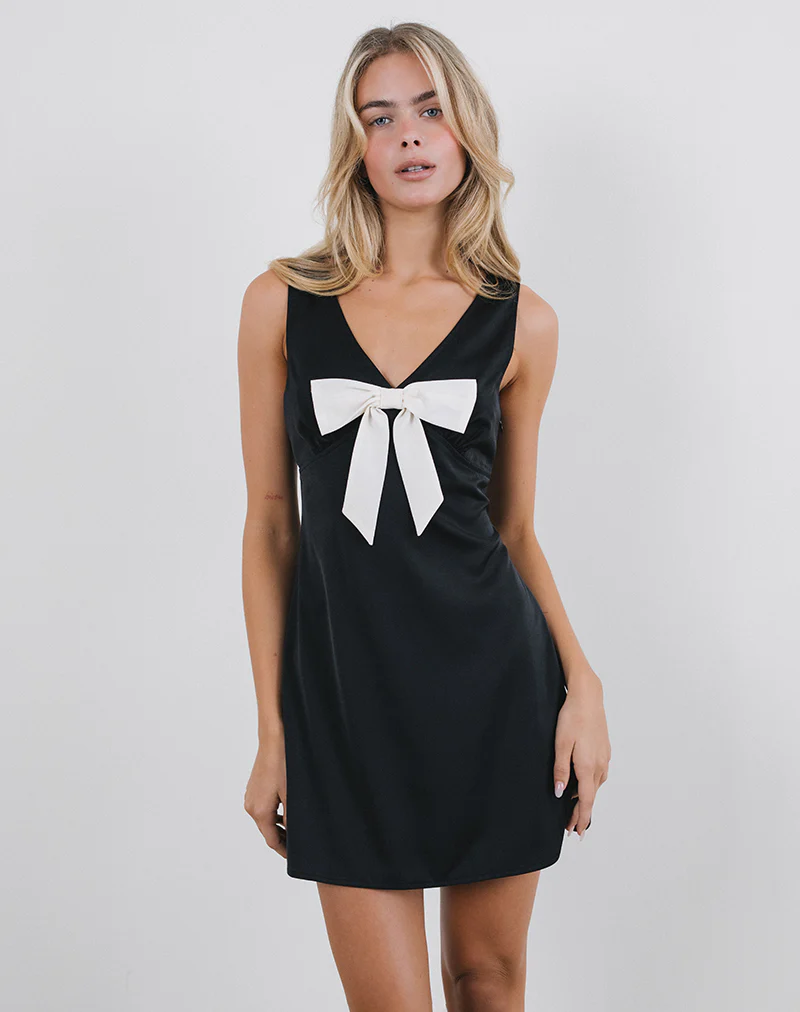 Faradiba Mini Dress in Satin Black with Ivory Bow - Image 3