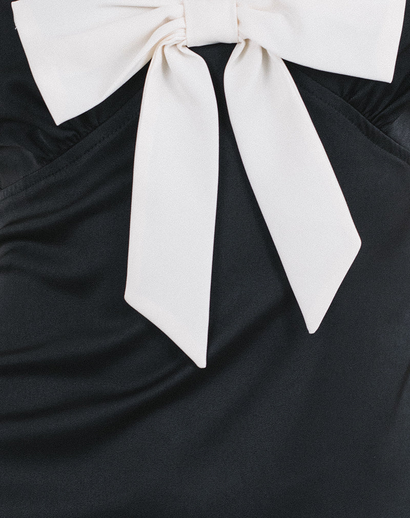 Faradiba Mini Dress in Satin Black with Ivory Bow - Image 6