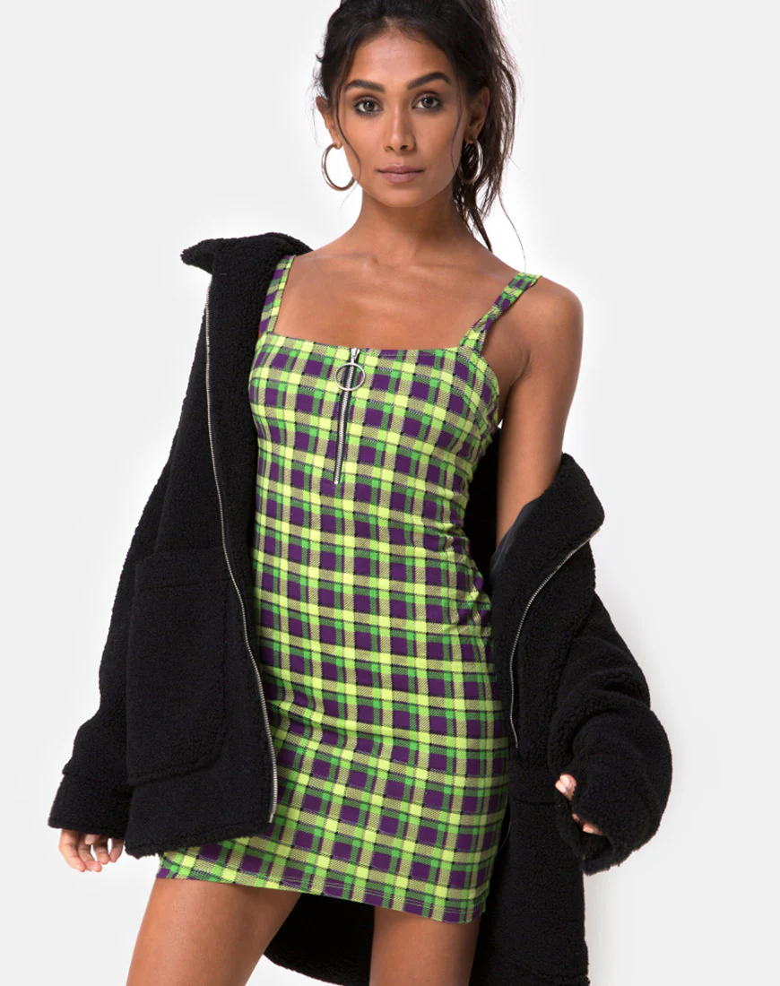 Farzi Bodycon Dress in Green and Purple Check - Image 2