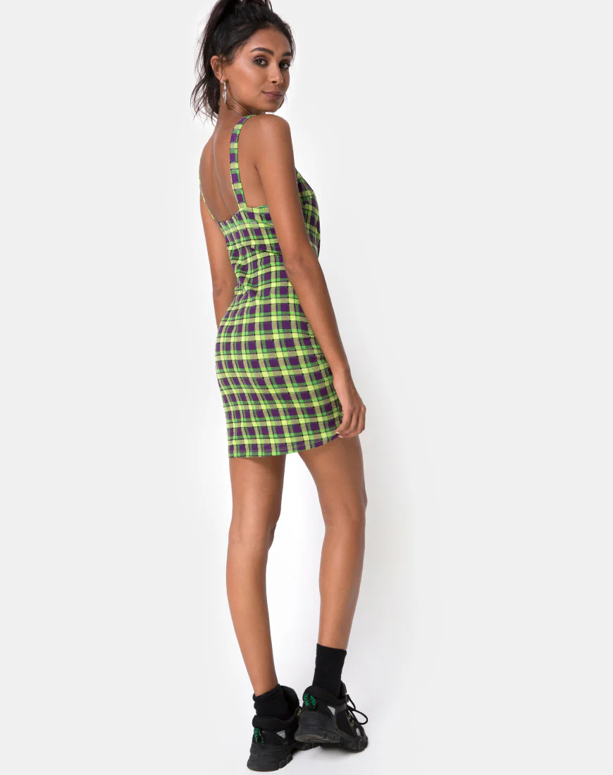 Farzi Bodycon Dress in Green and Purple Check - Image 5