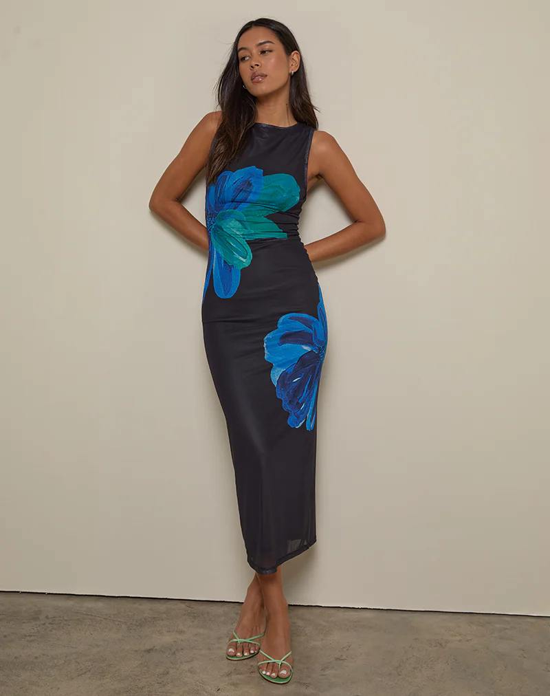 Fayola Printed Maxi Dress in Watercolour Flower Blue - Image 2