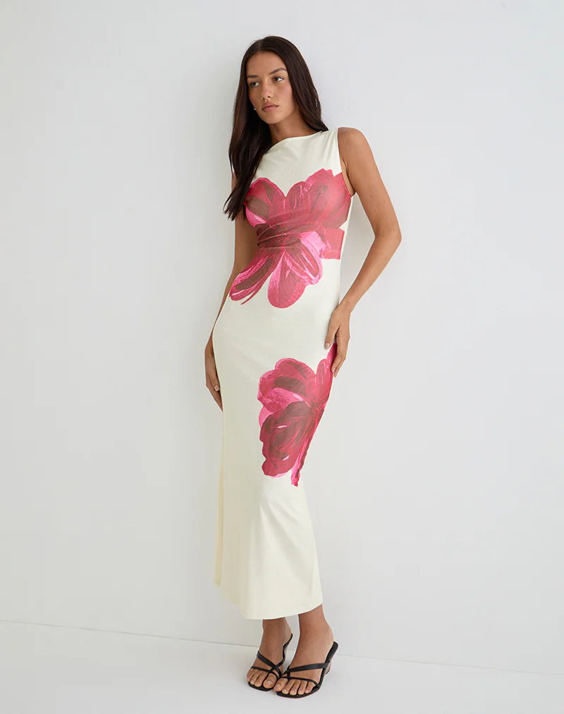 Fayola Printed Maxi Dress in Cream with Red Watercolour Flower - Image 2