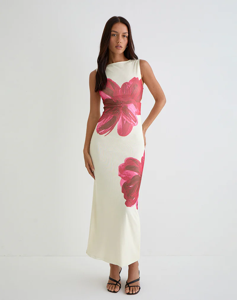 Fayola Printed Maxi Dress in Cream with Red Watercolour Flower - Image 3