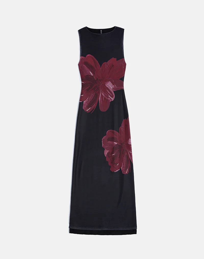 Fayola Maxi Dress In Black with Burgundy Watercolour Flower - Image 2