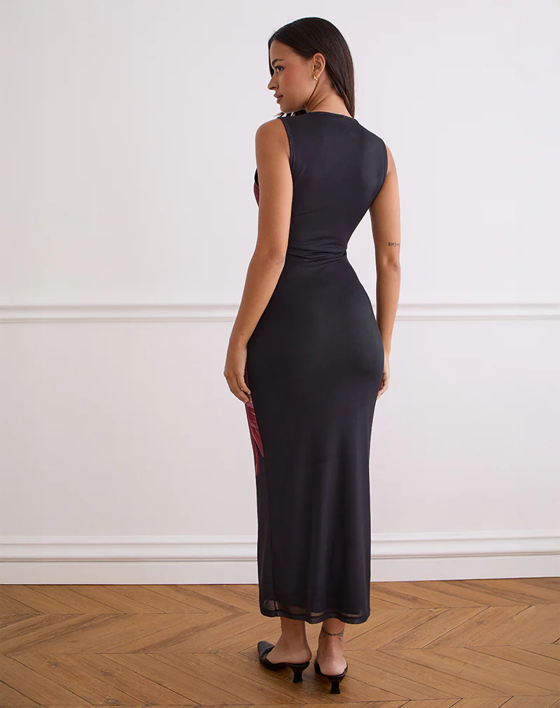 Fayola Maxi Dress In Black with Burgundy Watercolour Flower - Image 4