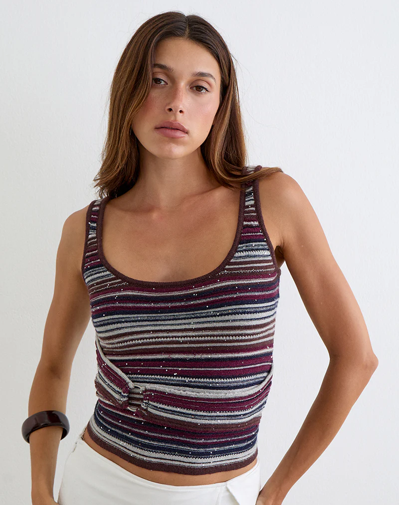Feraya Top in Horizontal Stripe Maroon Navy Shimmer - Image 2