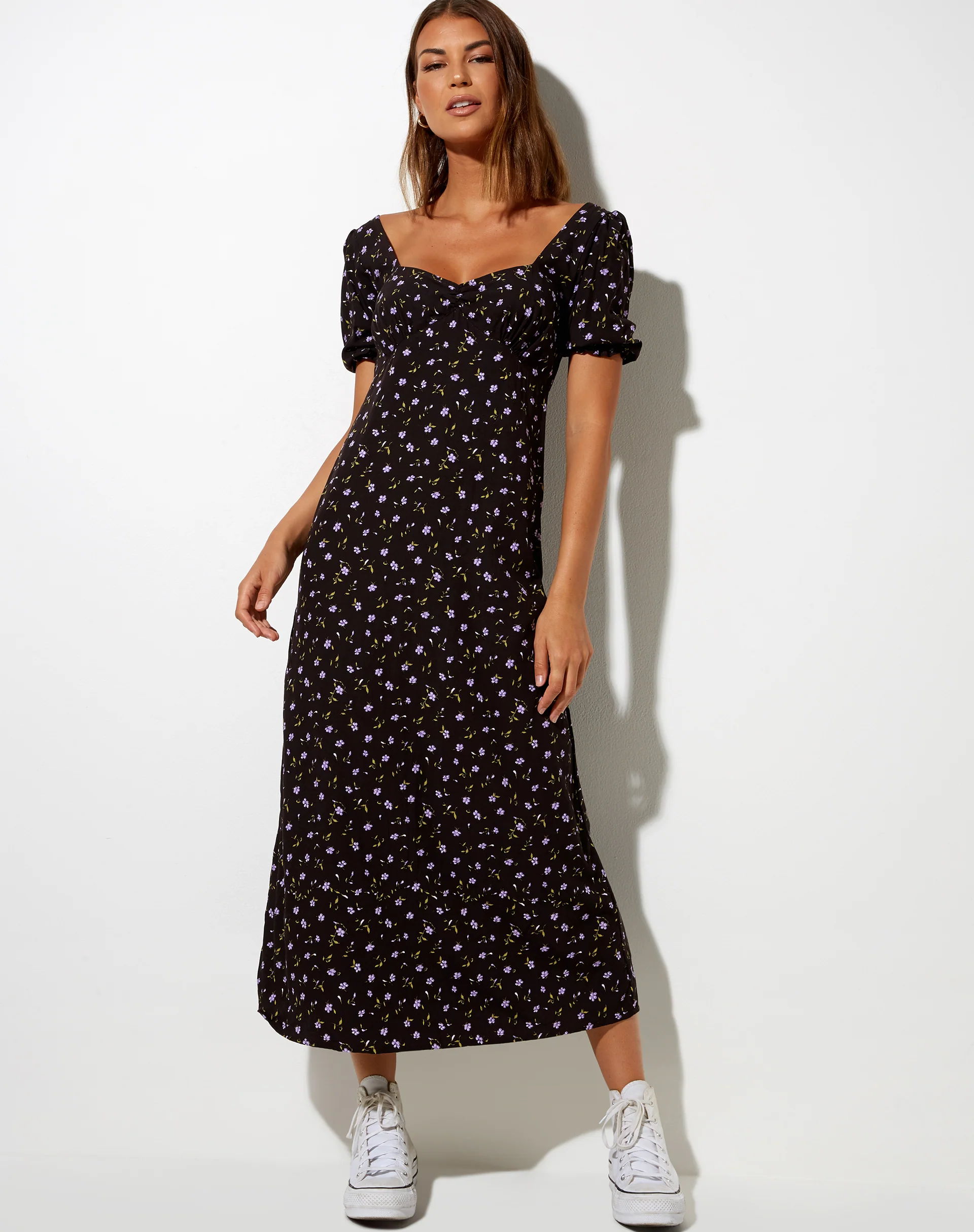 Fernanda Midi Dress in Pretty Petal Coffee and Purple - Image 2