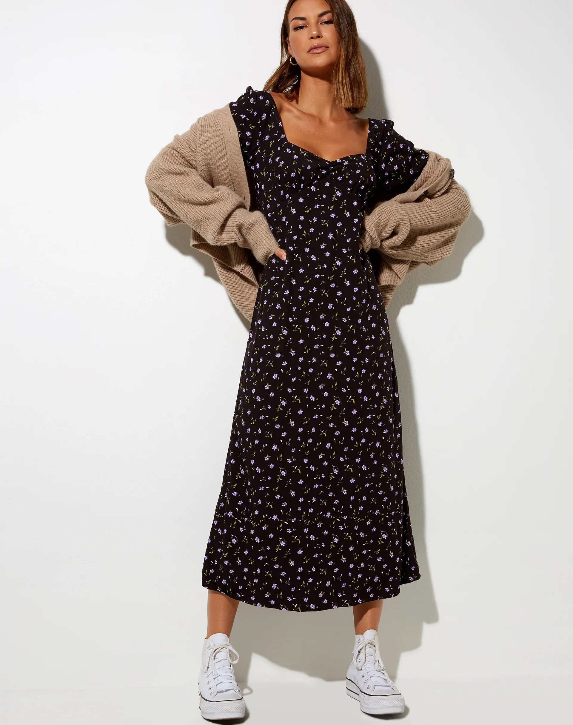 Fernanda Midi Dress in Pretty Petal Coffee and Purple - Image 4