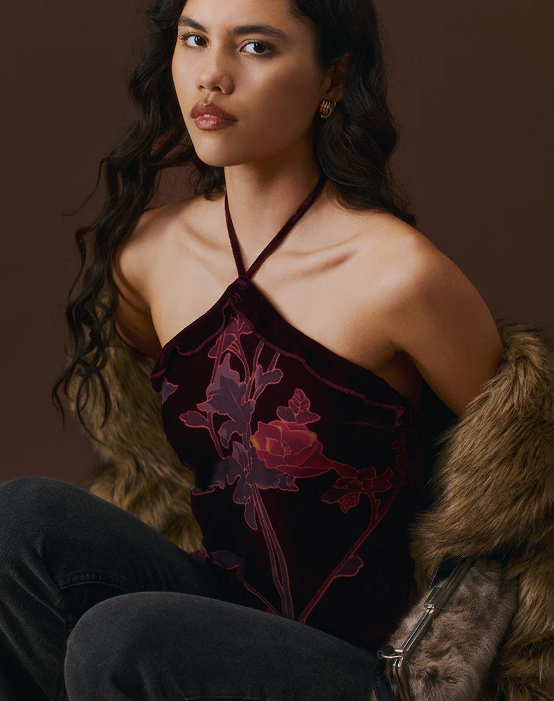 Fiorella Top in Floral Devore Burgundy - Image 2