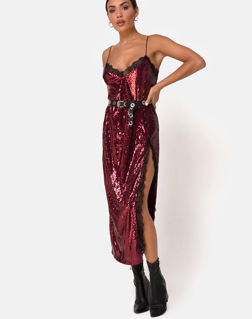 Fitilia Dress in Burgundy Mini Sequin with Black Lace - Image 3