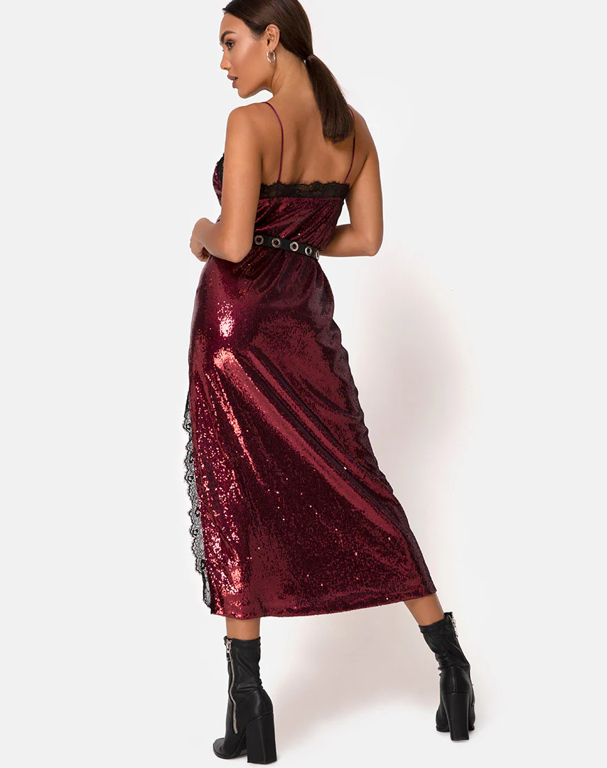 Fitilia Dress in Burgundy Mini Sequin with Black Lace - Image 4