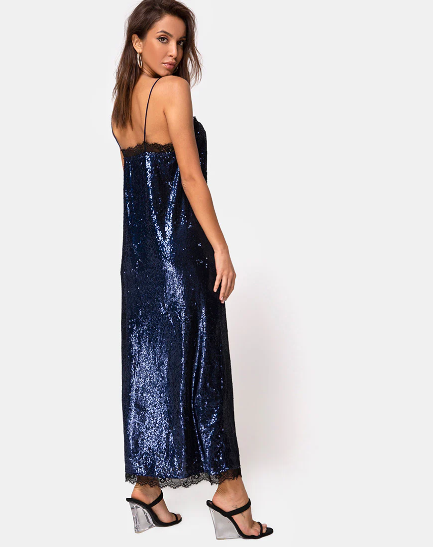 Fitilia Maxi Dress in Midnight Mini Sequin with Black Lace - Image 2