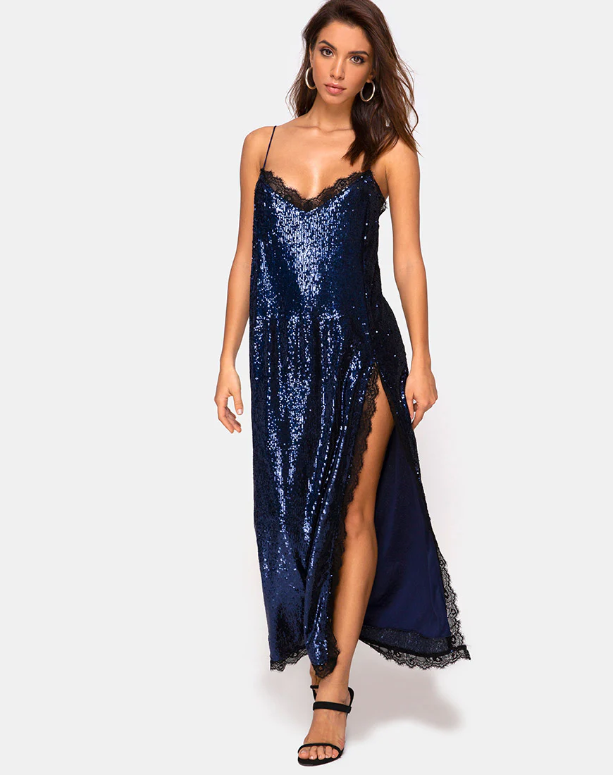 Fitilia Maxi Dress in Midnight Mini Sequin with Black Lace - Image 4