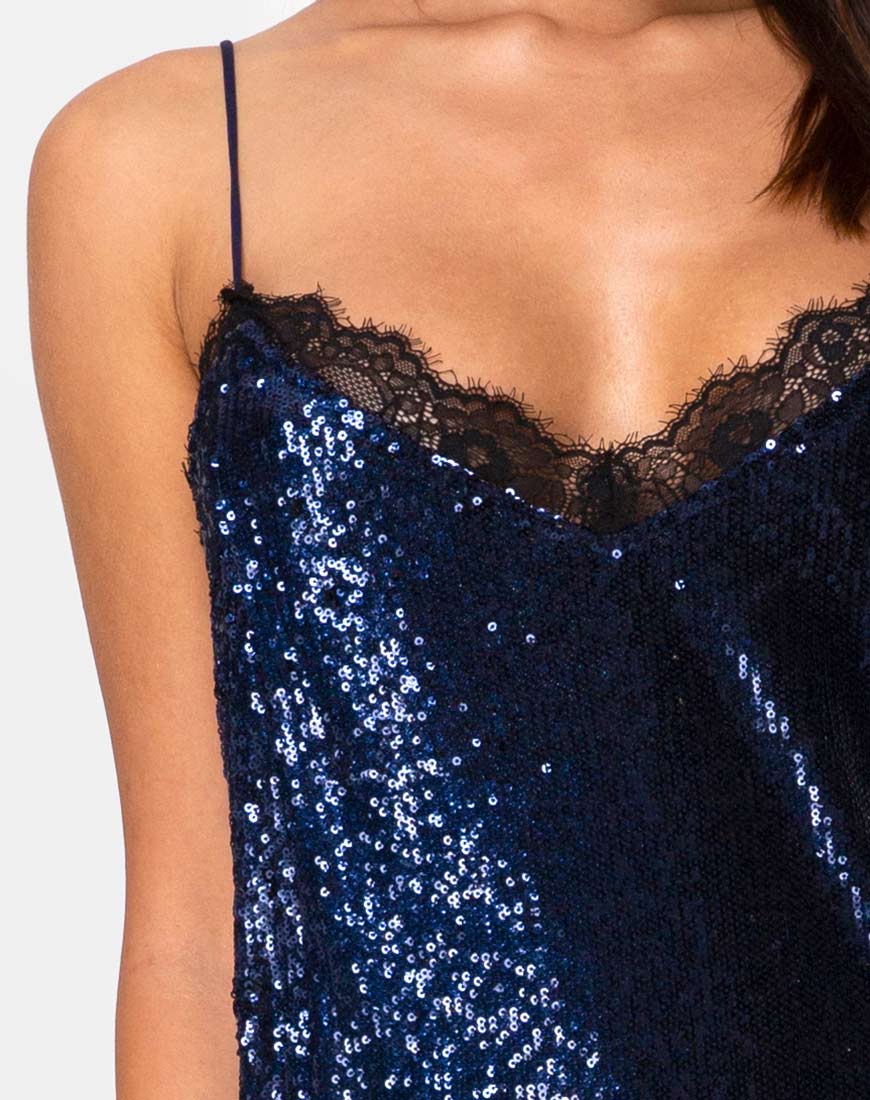 Fitilia Maxi Dress in Midnight Mini Sequin with Black Lace - Image 5