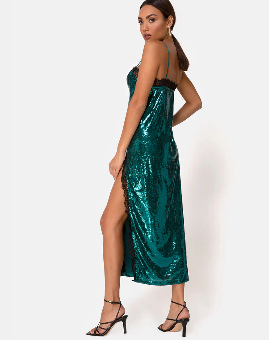 Fitilia Dress in Teal Mini Sequin with Black Lace - Image 2