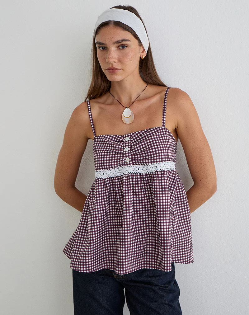 Flika Cami Top in Mini Gingham Wine - Image 2