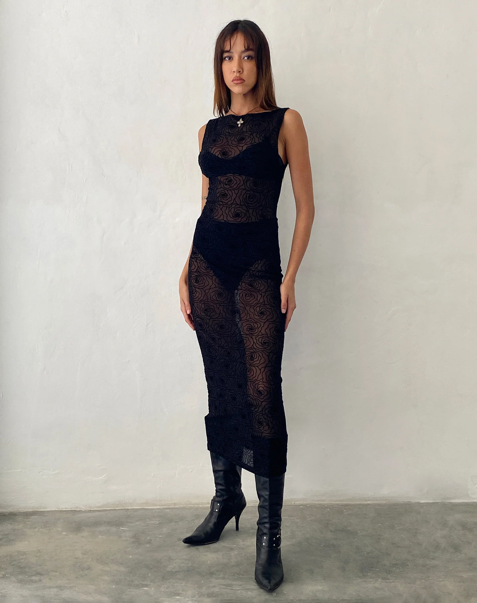 Florian Unlined Midi Dress in Black Abstract Flower Flock - Image 3