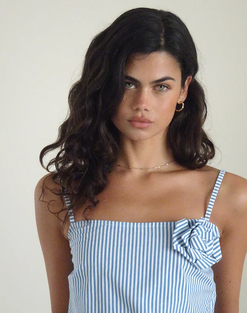 Flowa Top in Blue Small Vertical Stripe with Rosette - Image 5