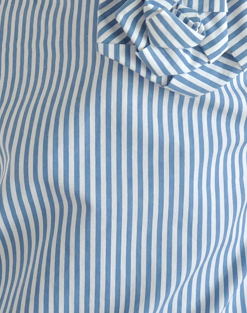 Flowa Top in Blue Small Vertical Stripe with Rosette - Image 6