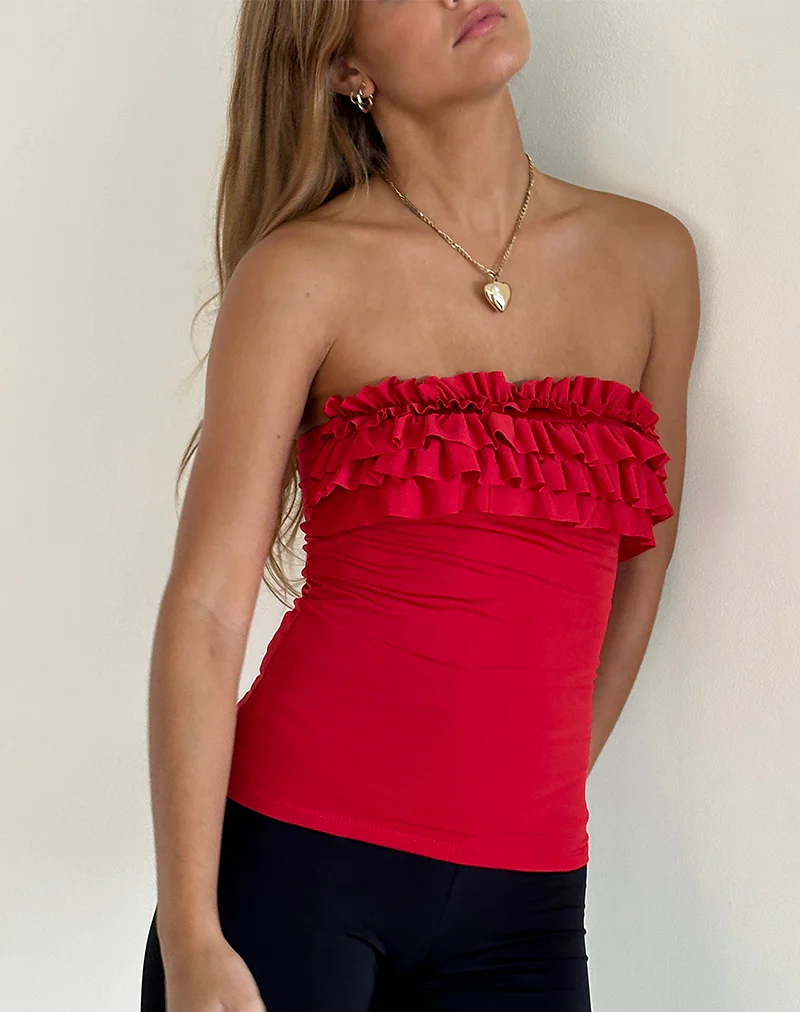 Fortuna Ruffle Bandeau Top in Slinky Red - Image 3