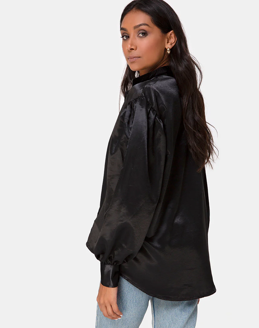 Frantic Longsleeve Blouse in Satin Black - Image 2