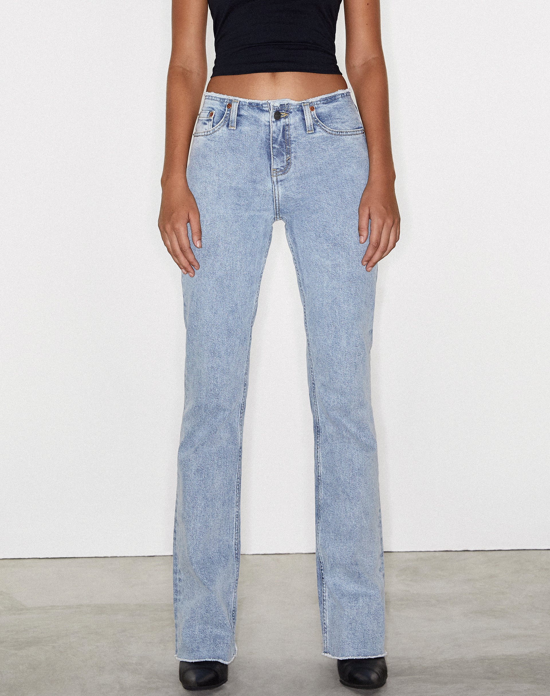 Frayed Low Rise Jeans in Light Wash Blue - Image 2