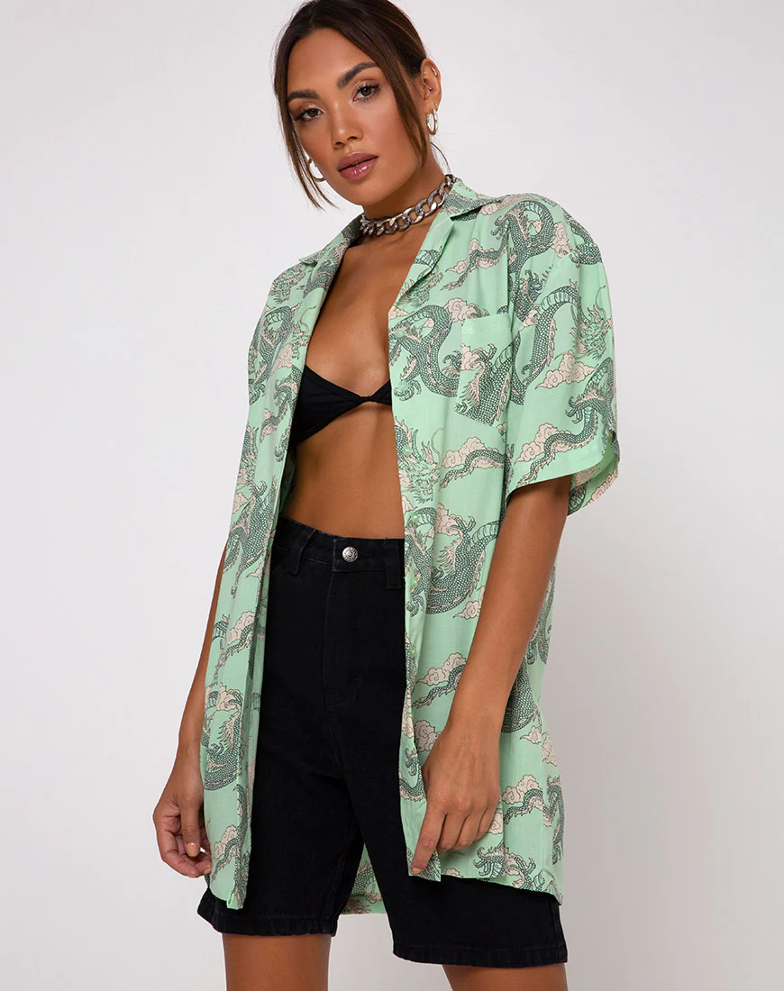 Fresia Dress in Chinese Dragon Neo Mint - Image 3