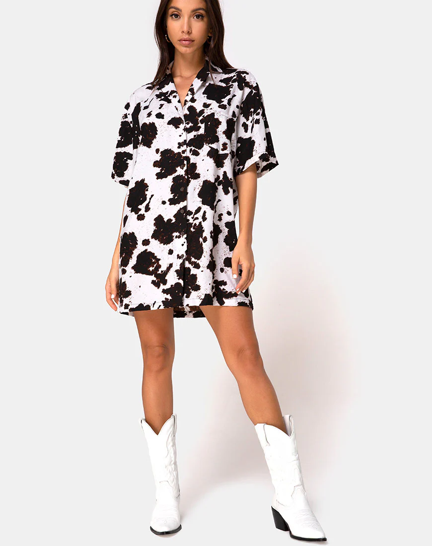 Fresia Mini Dress in Cow Hide Brown and White - Image 5