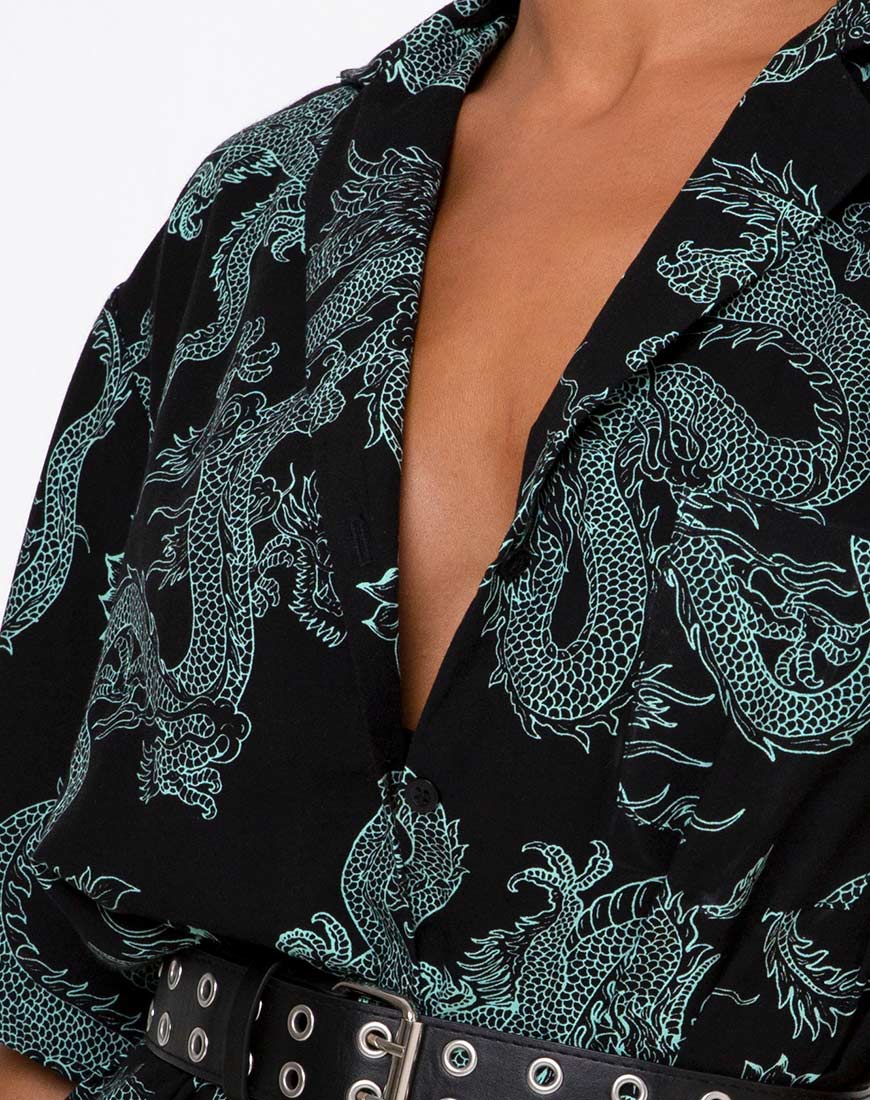 Fresia Dress in Dragon Flower Black and Mint - Image 6