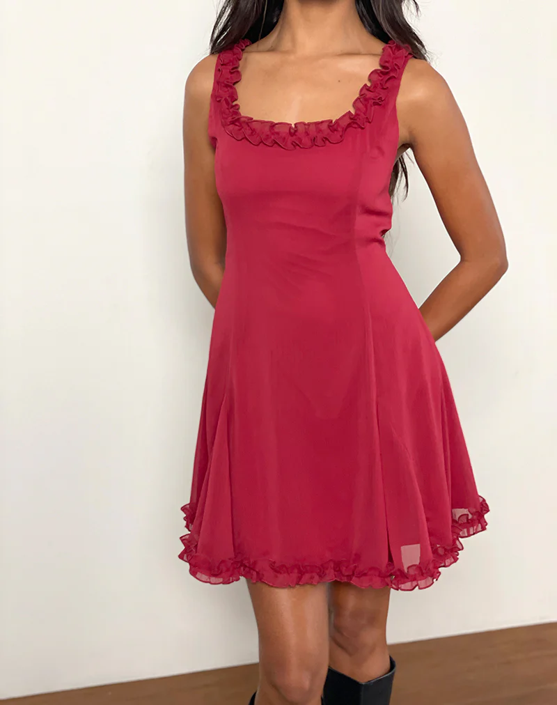 Fulvia Slip Mini Dress with Ruffles in Deep Red - Image 5