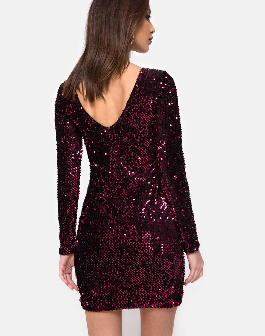 Gabby Plunge Back Dress in Wine Sequin - Image 2