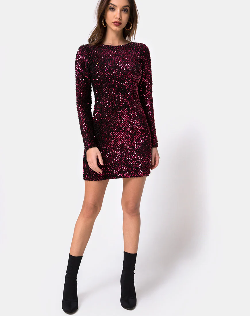 Gabby Plunge Back Dress in Wine Sequin - Image 3