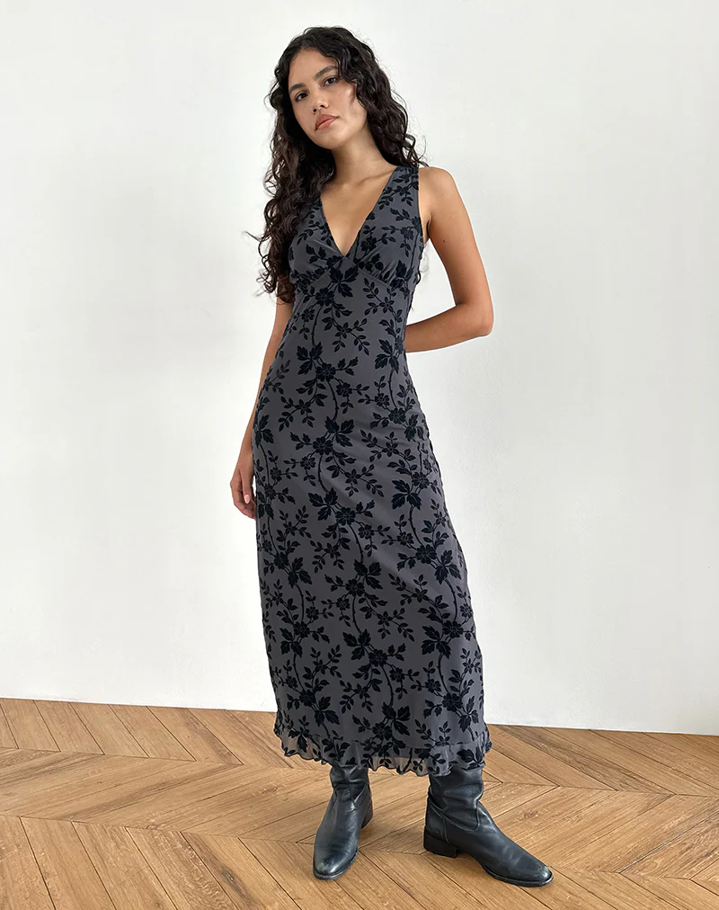 Gabriela Midi Dress in Vine Flocked Floral Ocean Storm - Image 5