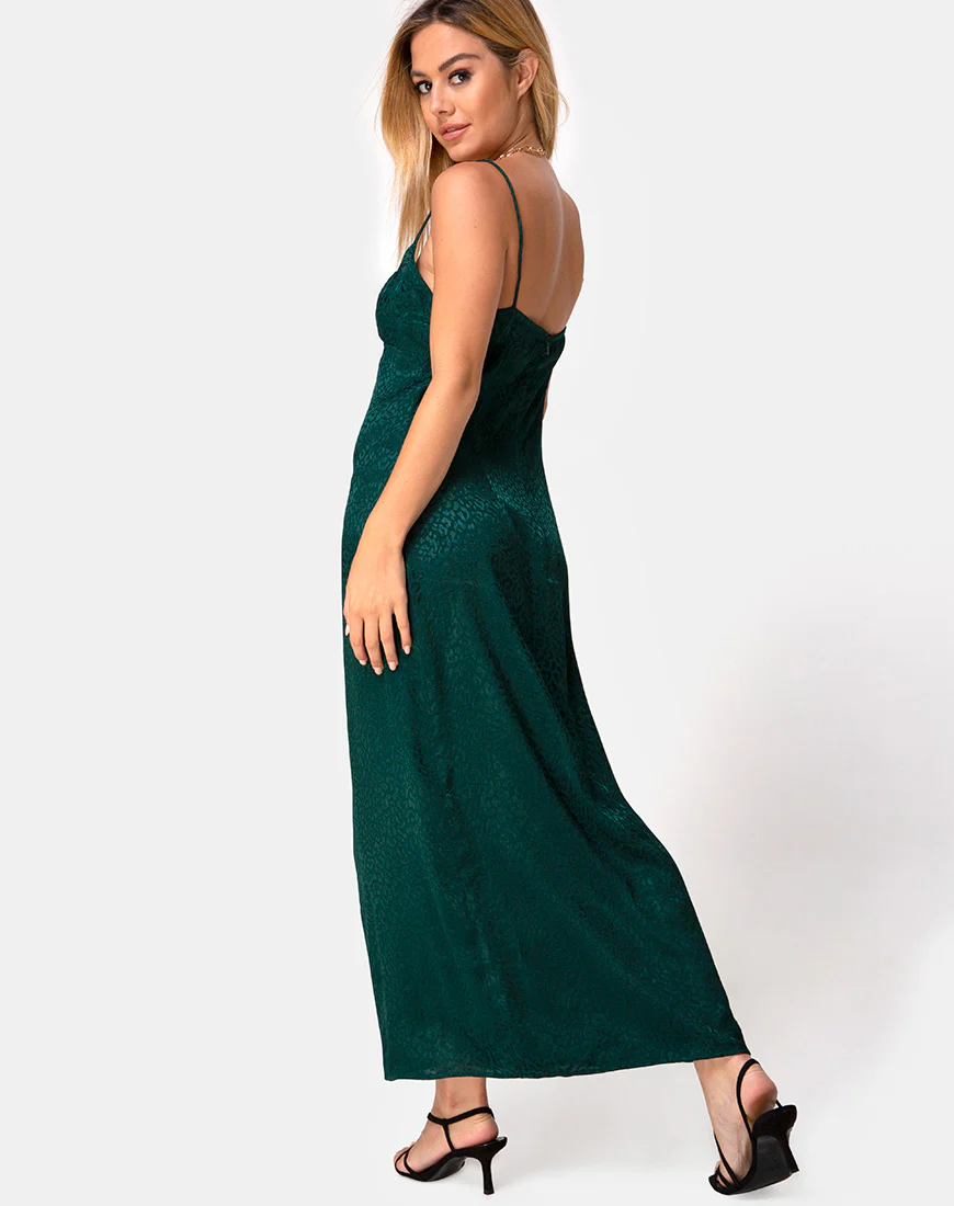 Gaela Slip Dress in Satin Cheetah Forest Green - Image 2