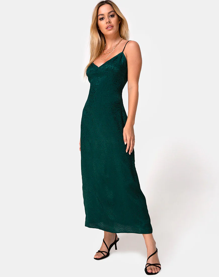 Gaela Slip Dress in Satin Cheetah Forest Green - Image 3