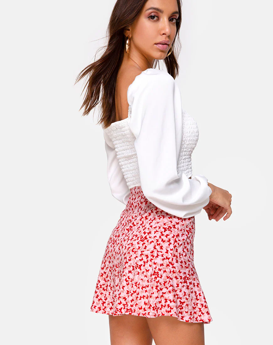 Gaelle Mini Skirt in Ditsy Butterfly Peach and Red - Image 2