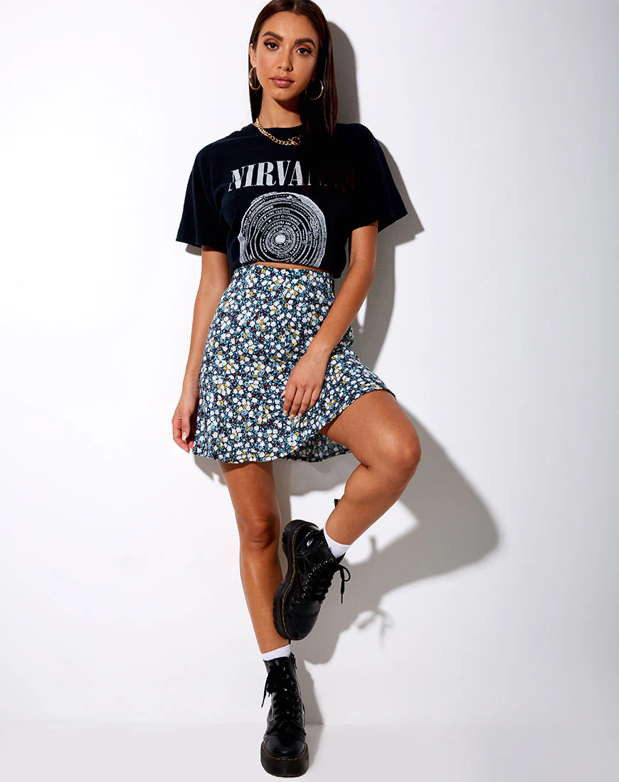 Gaelle Skater Skirt in Floral Field Navy - Image 2