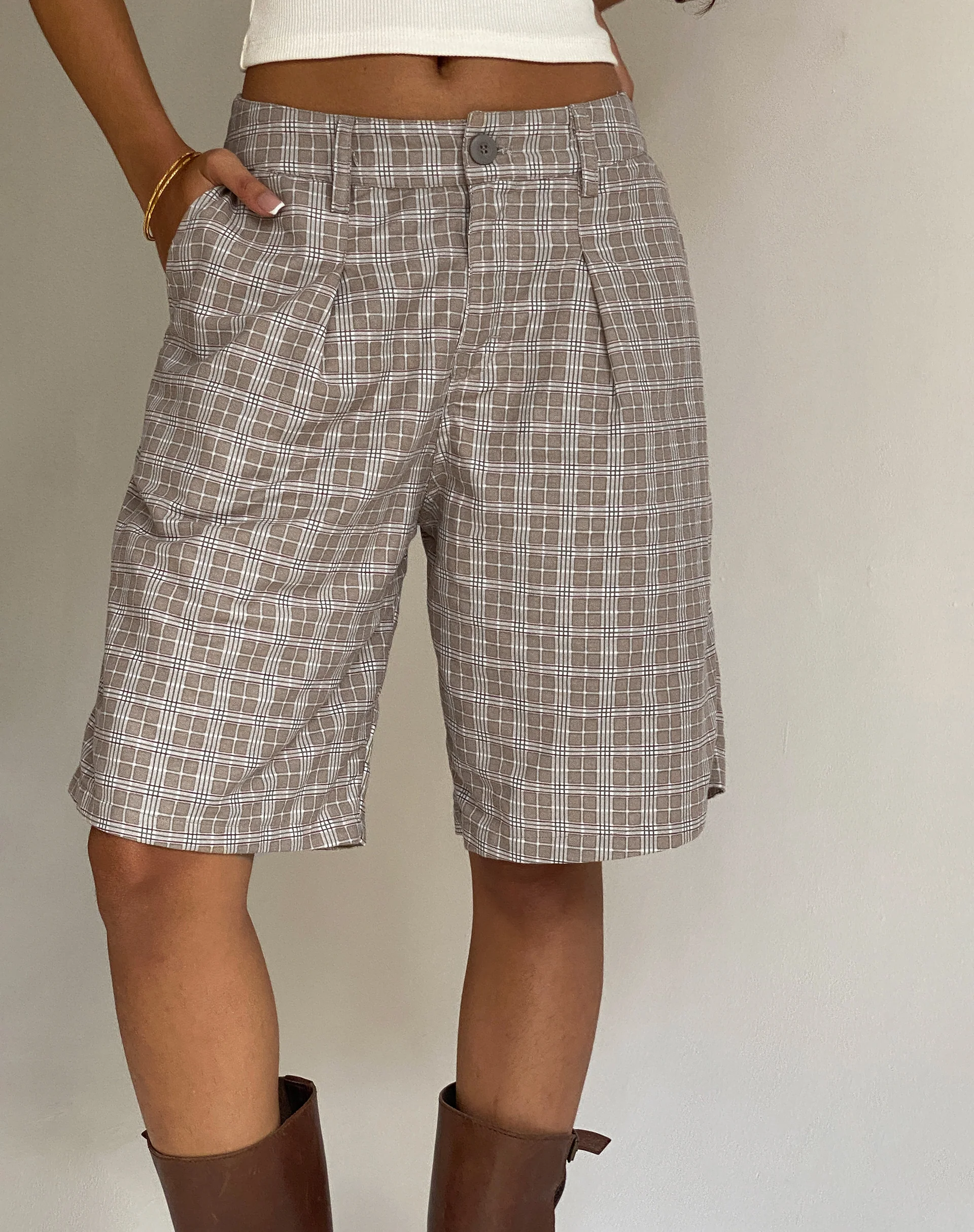 Gail Longline Shorts in Taupe Check - Image 2