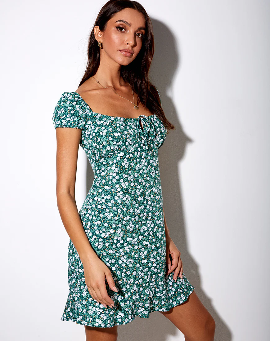 Galaca Mini Dress in Floral Field Green - Image 3